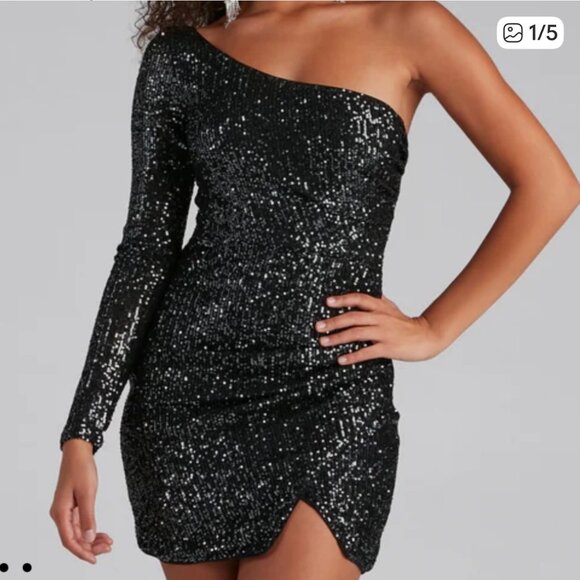 Windsor Womens Dazzling Diva Black Sequin One Shoulder Mini Dress - Size Small - Picture 2 of 9